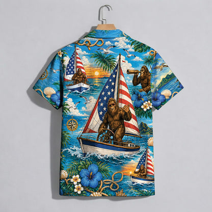 Funny Sasquatch Bigfoot Patriotic Beach Unisex Hawaiian Shirt