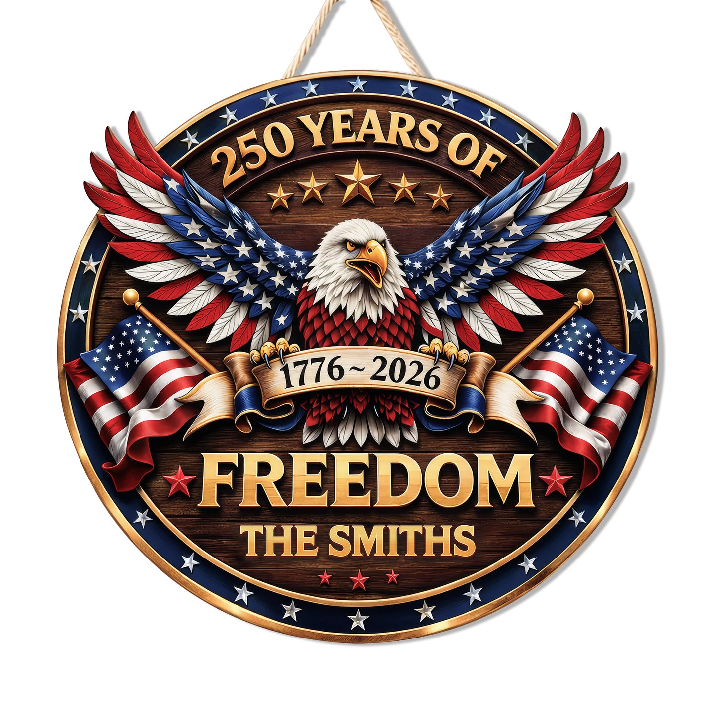 Custom Wood Sign 250th Anniversary Gift, Patriotic Family Name Freedom Door Hanger
