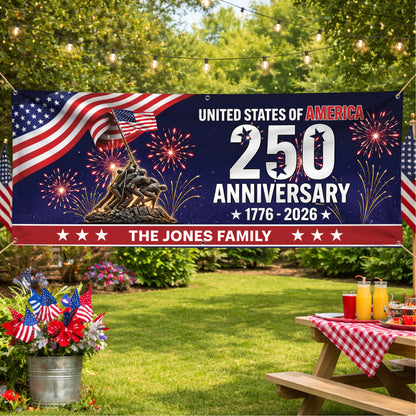 Personalized USA 250th Anniversary Family Banner – Patriotic Fireworks USA Flag 1776-2026 Decor