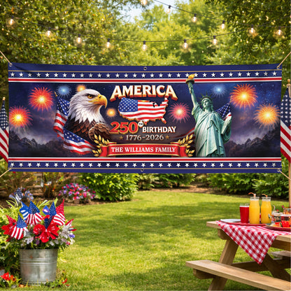 Personalized America 250th Birthday Banner - Eagle, Statue of Liberty, Fireworks Patriotic 1776-2026