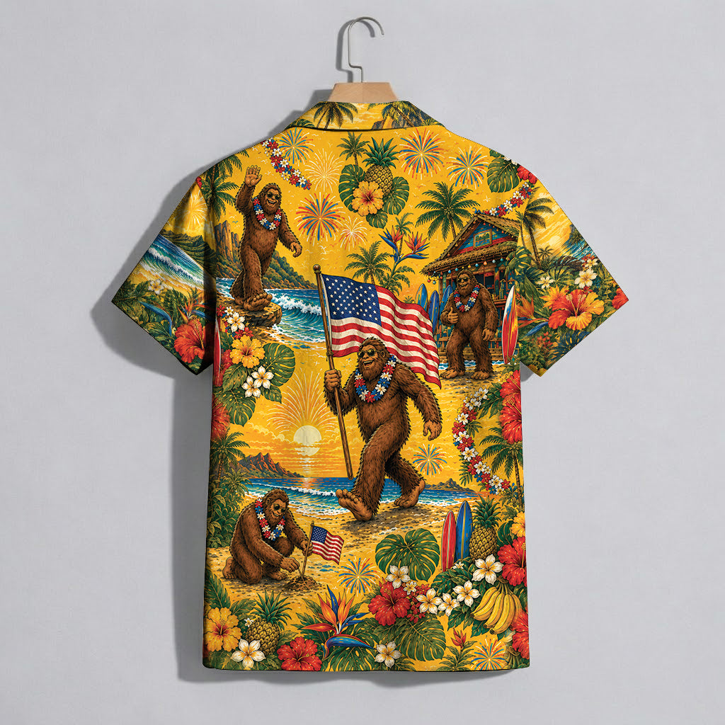 Funny Sasquatch Bigfoot Patriotic Beach Unisex Hawaiian Shirt