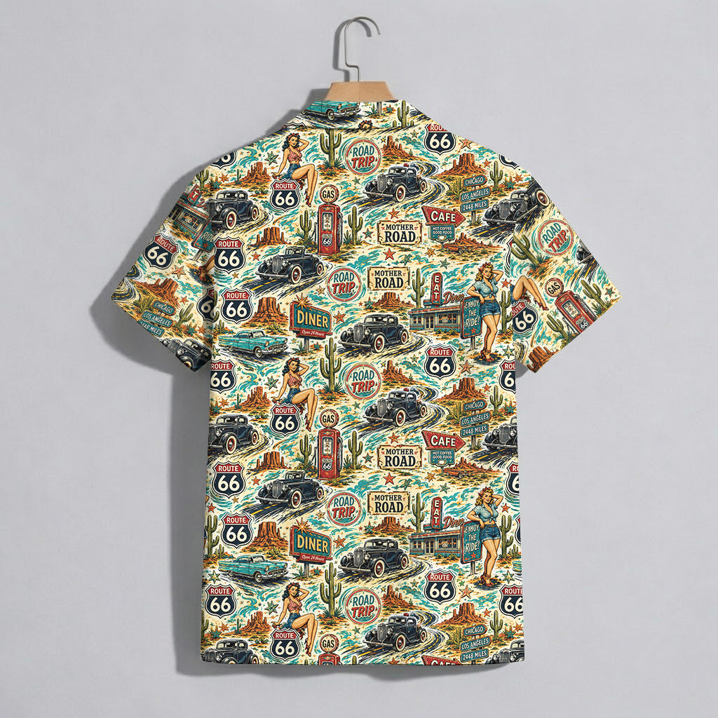 Route 66 Pin Up Girl Vintage Classic Car Unisex Hawaiian Shirt