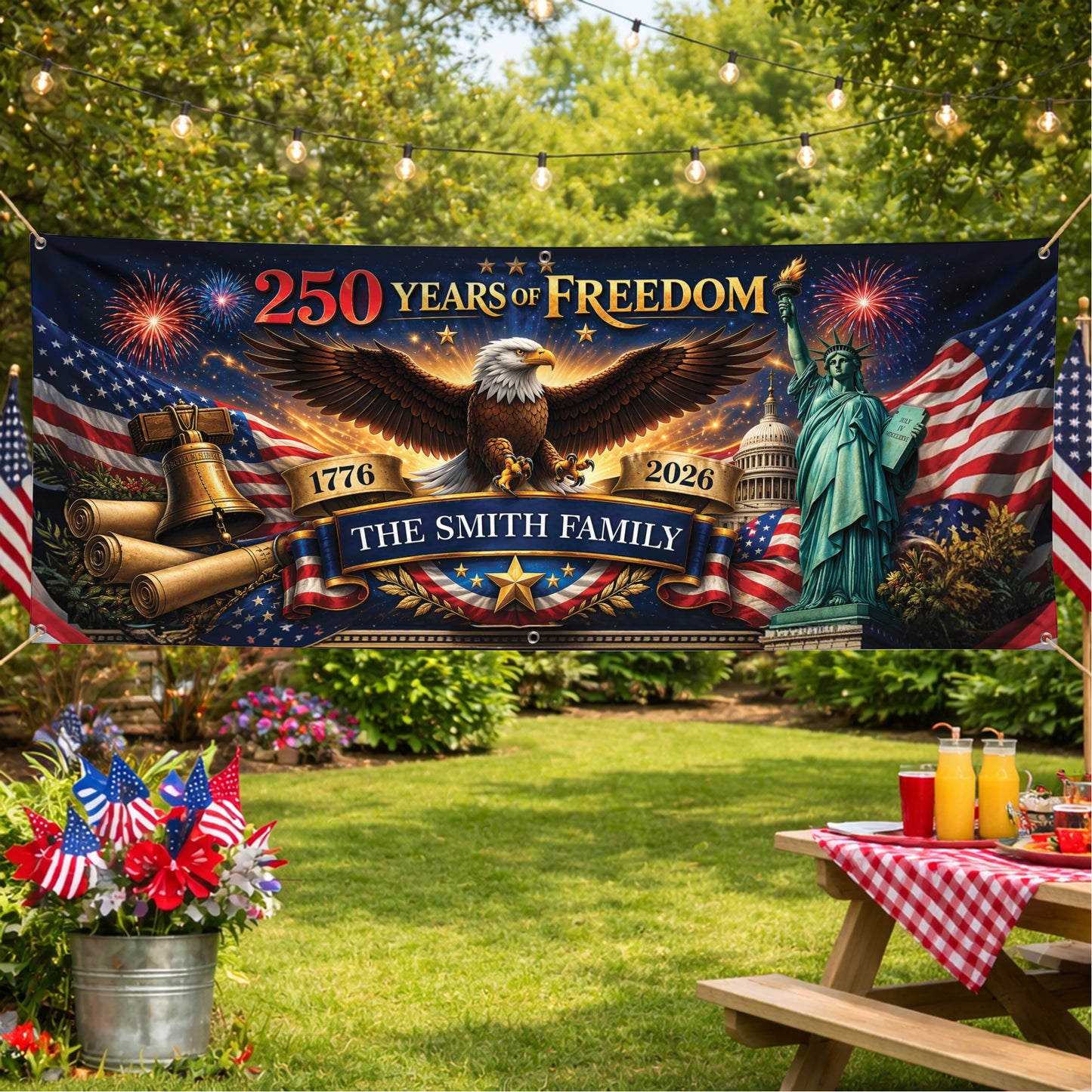 Personalized 250 Years of Freedom Banner – Patriotic USA Eagle Statue of Liberty Family Flag