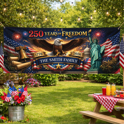Personalized 250 Years of Freedom Banner – Patriotic USA Eagle Statue of Liberty Family Flag
