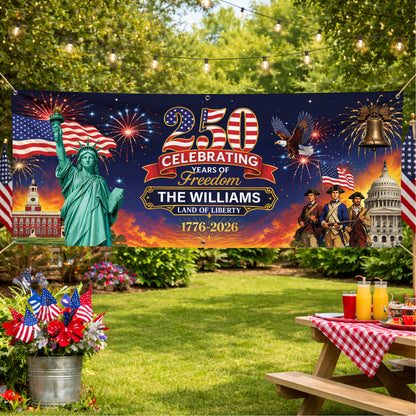 Personalized Banner 250 Years of Freedom Liberty & Heritage Fireworks Patriotic Independence Day