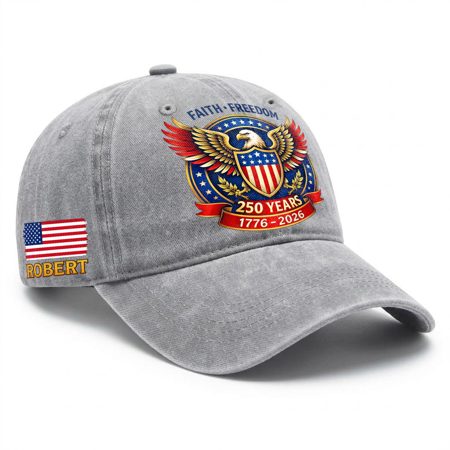 Personalized Eagle Faith Freedom USA Printed Vintage Washed Baseball Cap | 250th Anniversary Hat