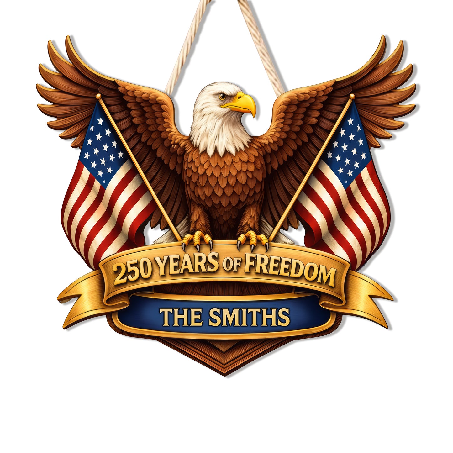 Custom Wood Sign, 250th Anniversary Gift Patriotic Eagle American Flag Family Name Decor