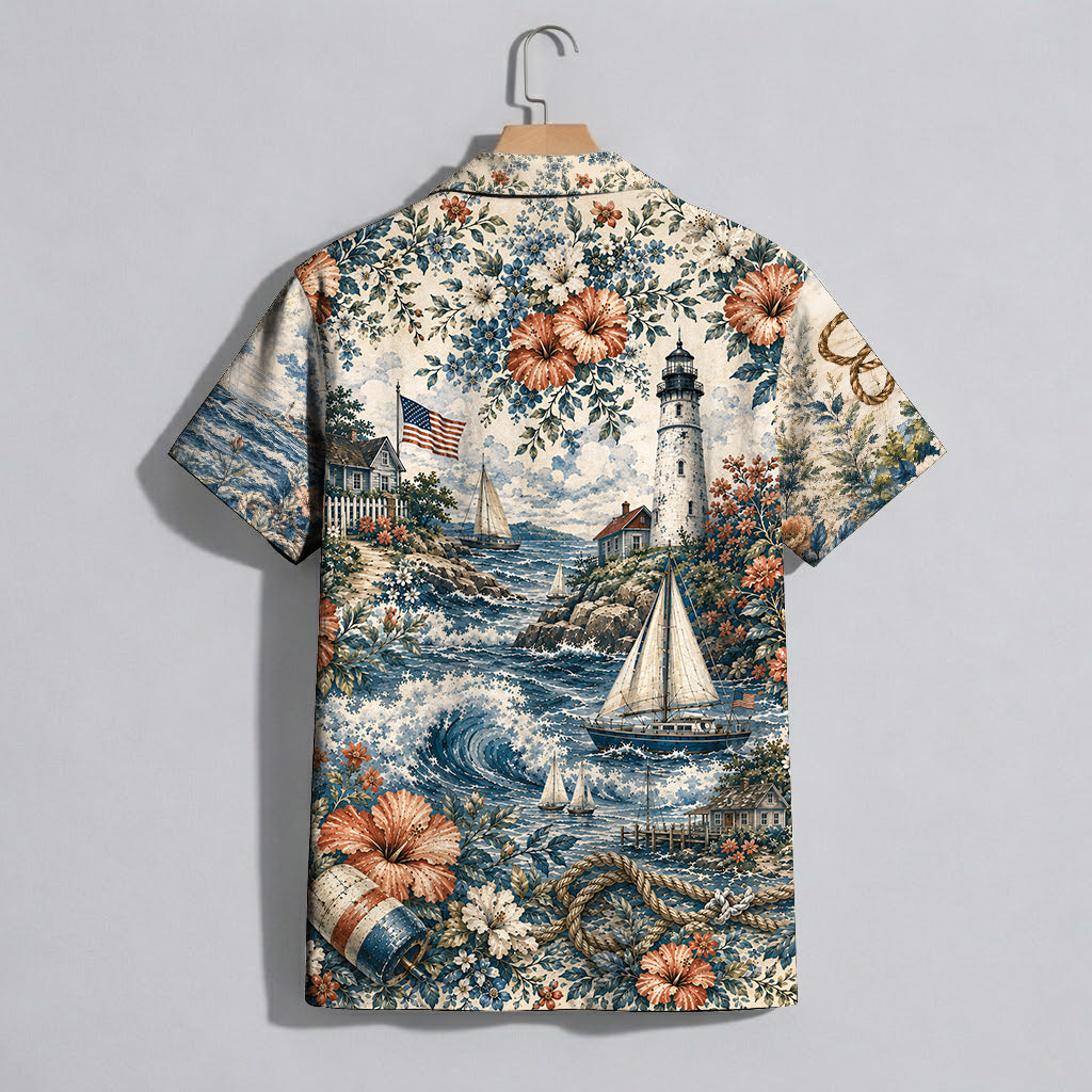 Coastal Lighthouse Sailboat Patriotic Unisex Hawaiian Shirt