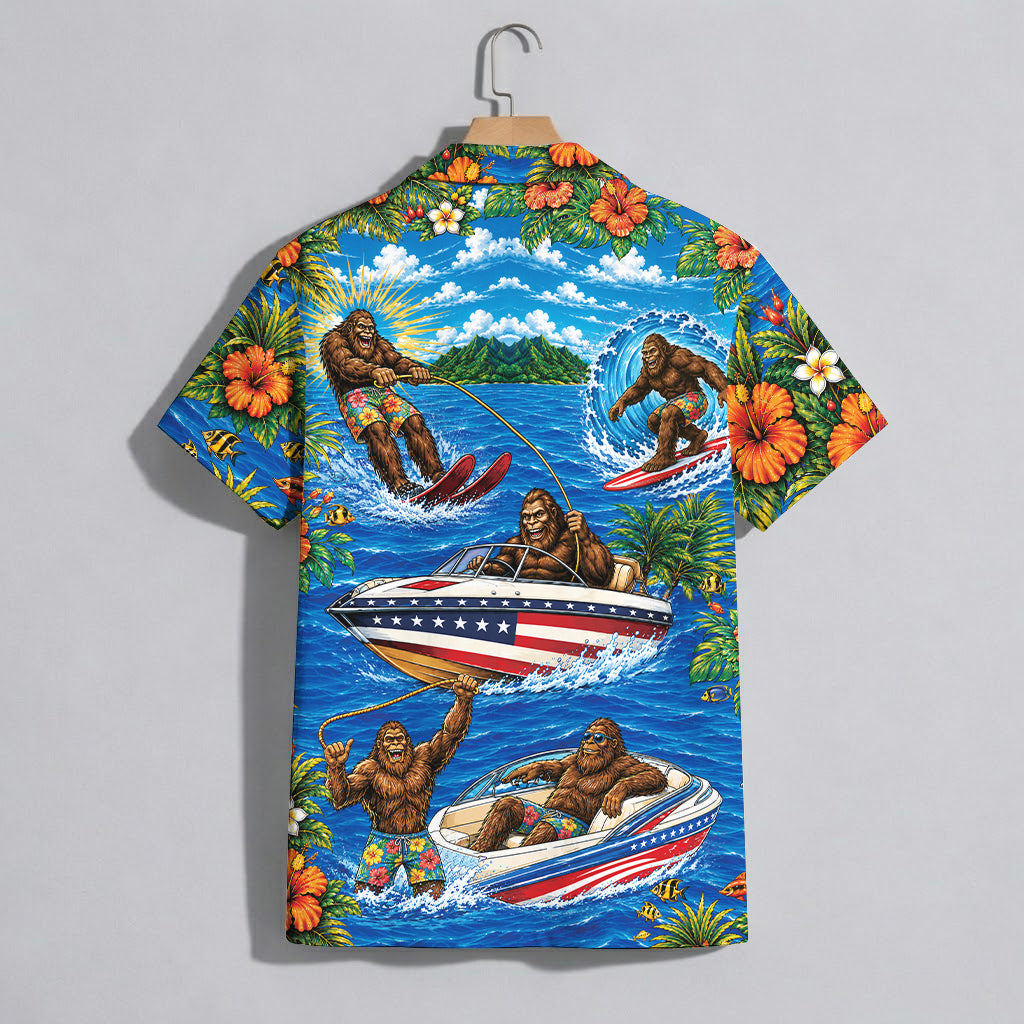 Funny Sasquatch Bigfoot Patriotic Beach Unisex Hawaiian Shirt