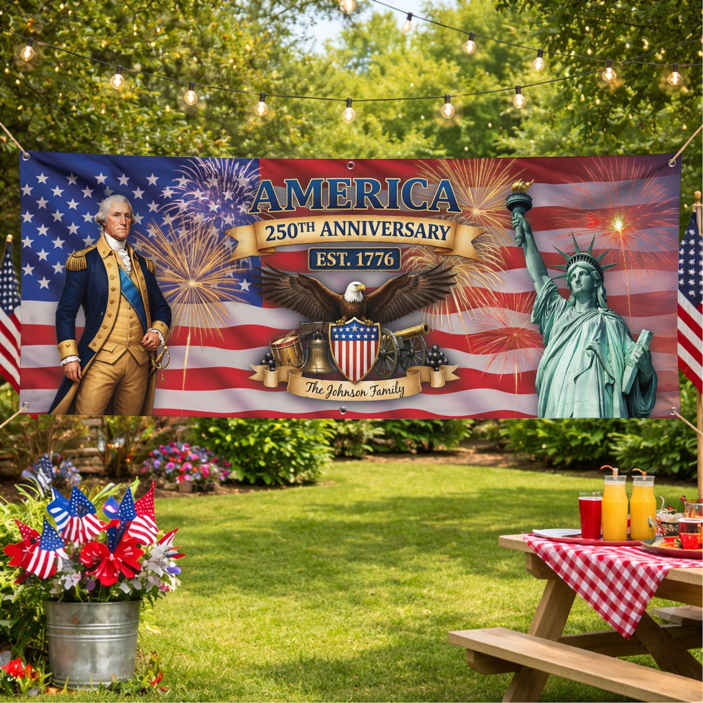 Custom USA 250th Anniversary Banner – George Washington & Liberty Patriotic Family Name Flag