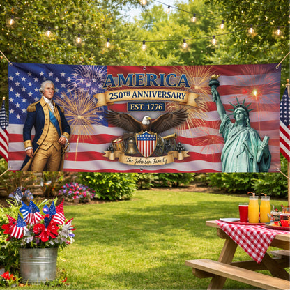 Custom USA 250th Anniversary Banner – George Washington & Liberty Patriotic Family Name Flag
