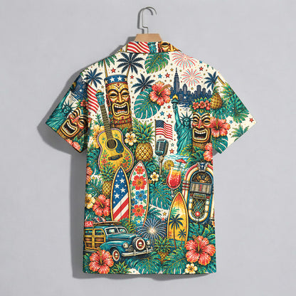 Patriotic Tiki Mask Jukebox Music Beach Unisex Hawaiian Shirt