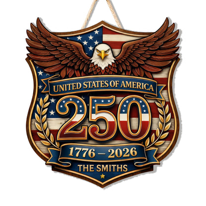 Custom Wood Sign Gift, 250th Anniversary Patriotic Family Name Door Hanger