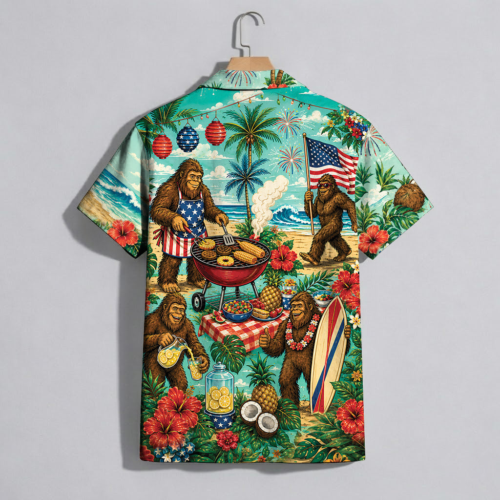 Funny Sasquatch Bigfoot Patriotic Beach Unisex Hawaiian Shirt