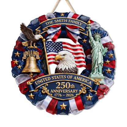 Custom Wood Sign, 250th Anniversary Gift 1776–2026 America Patriotic Family Name Door Wreath