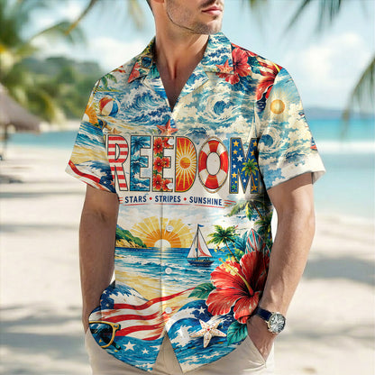 Freedom Stars Stripes Sunshine Hawaiian Shirt - Patriotic Aloha Top