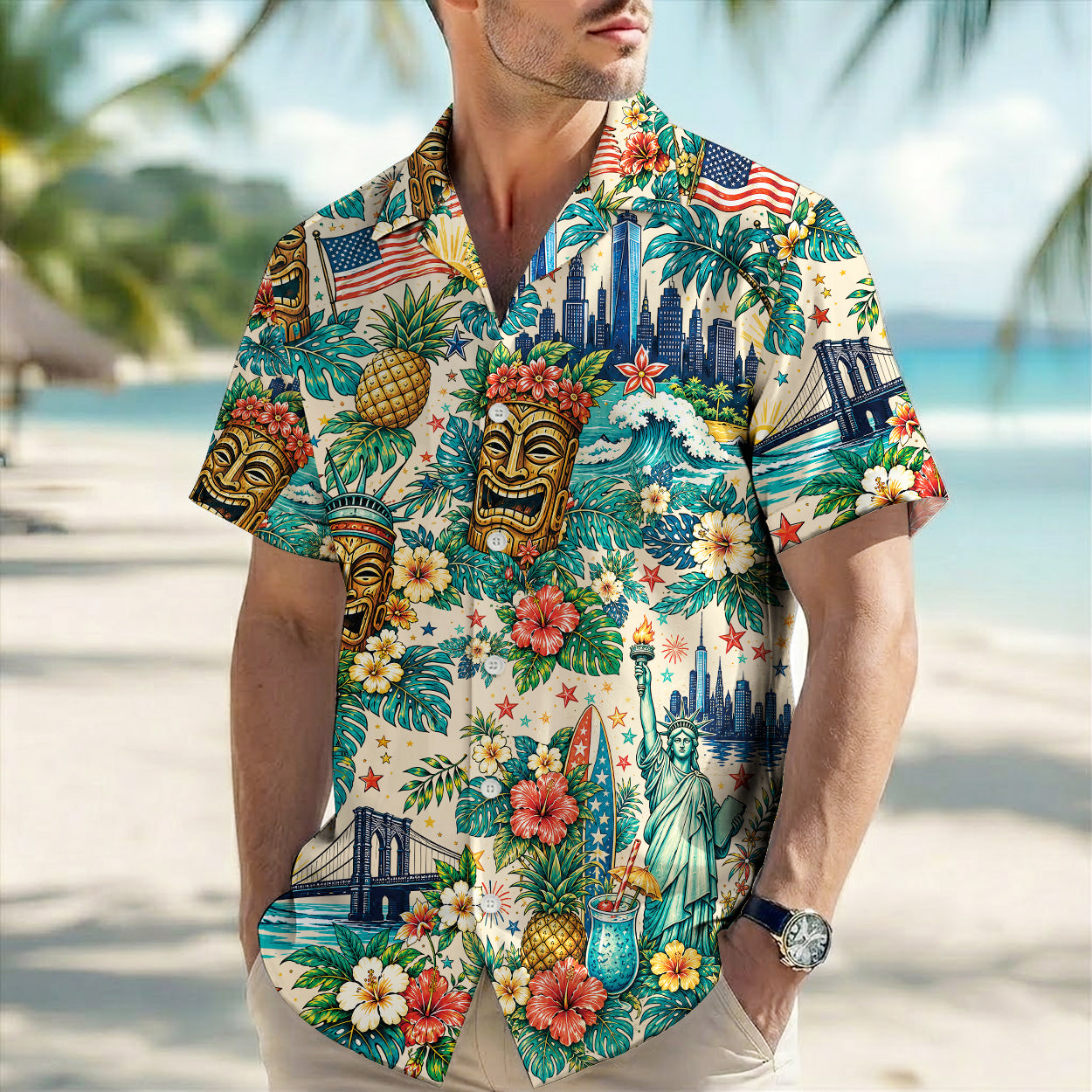 Statue Of Liberty Tiki Mask NYC Patriotic Unisex Hawaiian Shirt