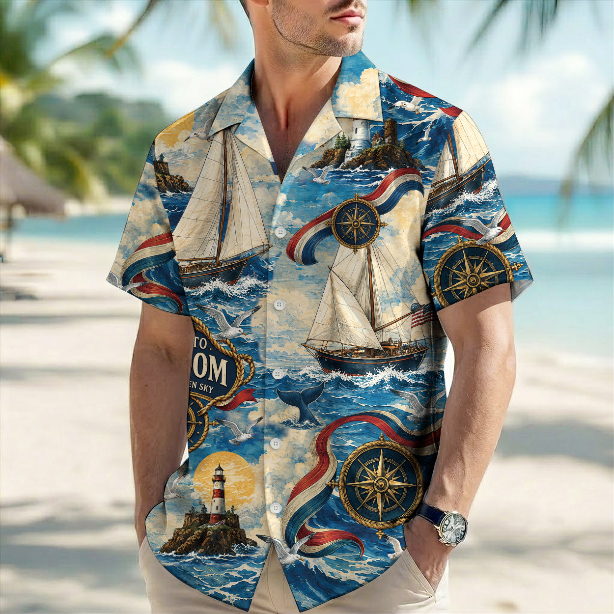 Sail Into Freedom Lighthouse Hawaiian Shirt - Vintage Nautical Aloha Top