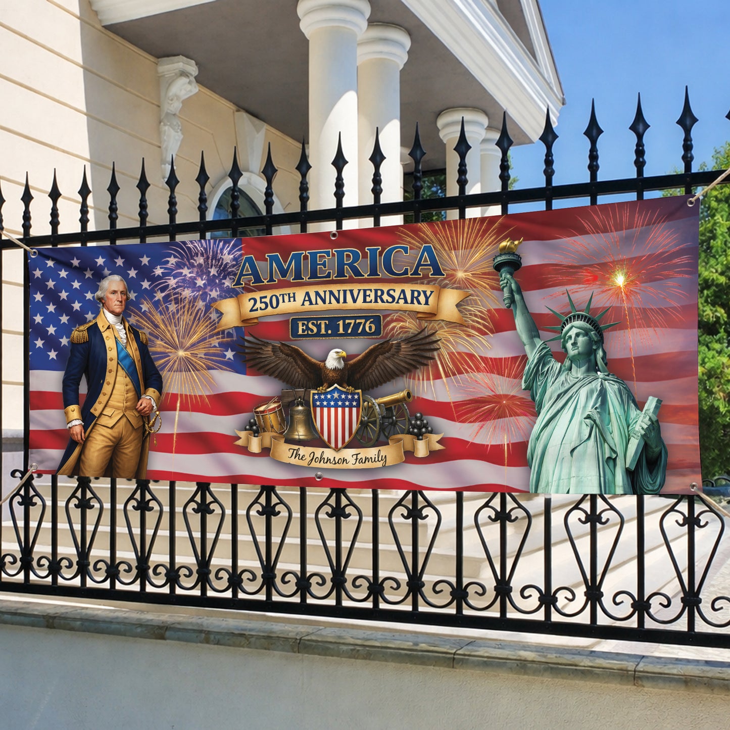 Custom USA 250th Anniversary Banner – George Washington & Liberty Patriotic Family Name Flag
