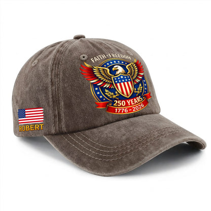 Personalized Eagle Faith Freedom USA Printed Vintage Washed Baseball Cap | 250th Anniversary Hat