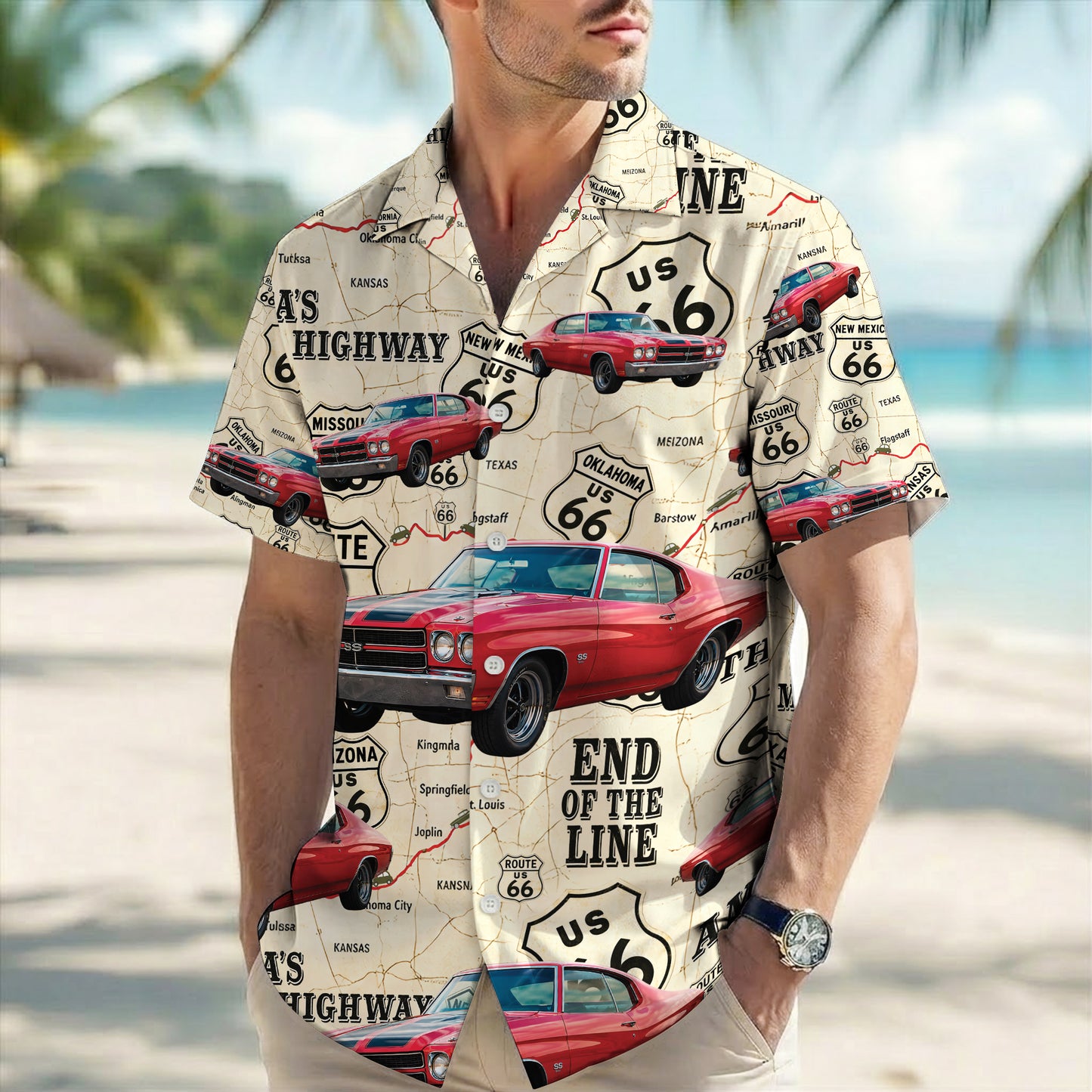 Route 66 Highway Map Vintage Muscle Car Unisex Hawaiian Shirt