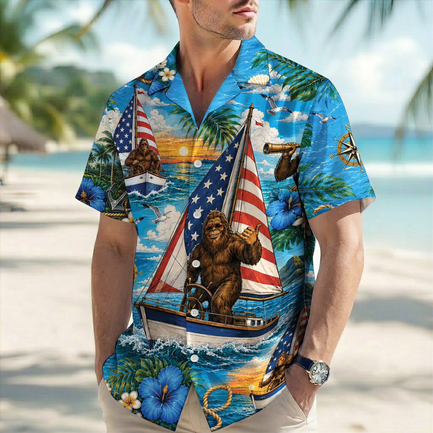 Funny Sasquatch Bigfoot Patriotic Beach Unisex Hawaiian Shirt