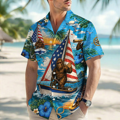Funny Sasquatch Bigfoot Patriotic Beach Unisex Hawaiian Shirt