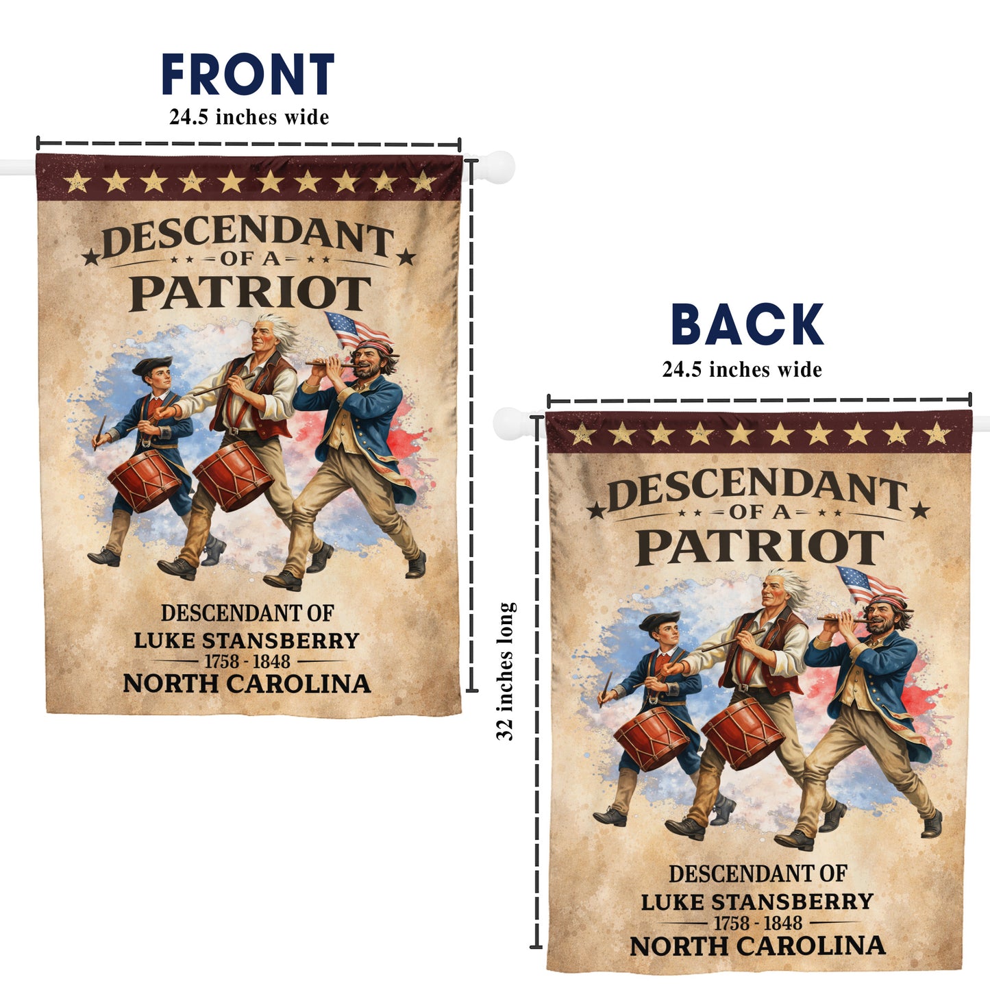 Personalized Descendant of a Patriot Spirit of 76 - USA 250th Anniversary Garden Flag