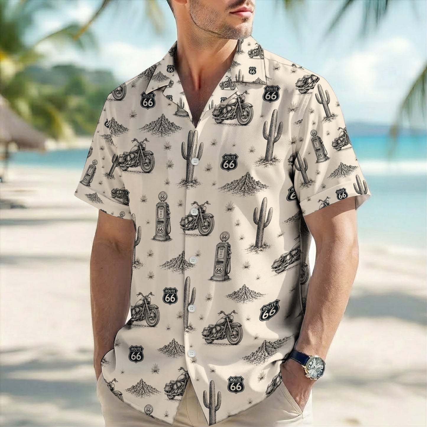 Route 66 Motorcycle Biker Vintage Sketch Unisex Hawaiian Shirt