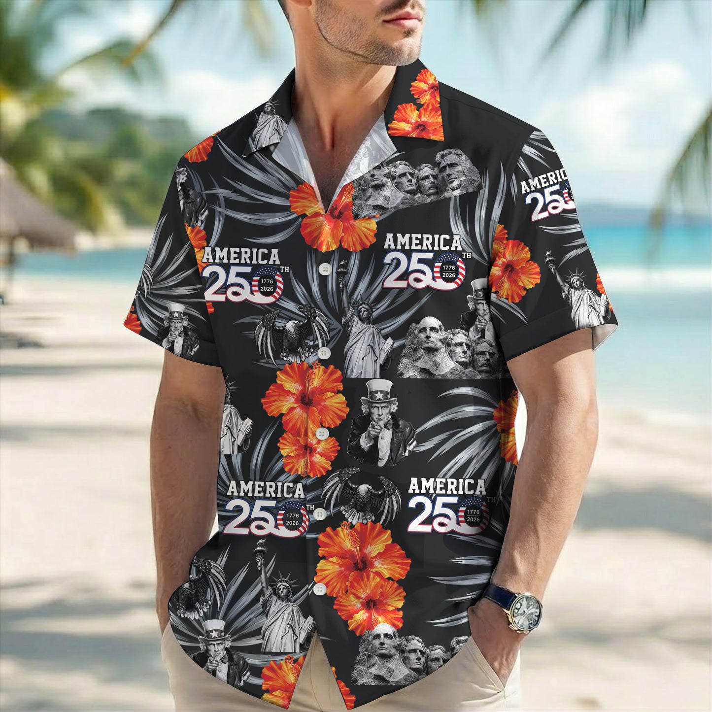 Mount Rushmore Statue of Liberty Floral - USA 250th Anniversary Hawaiian Shirt