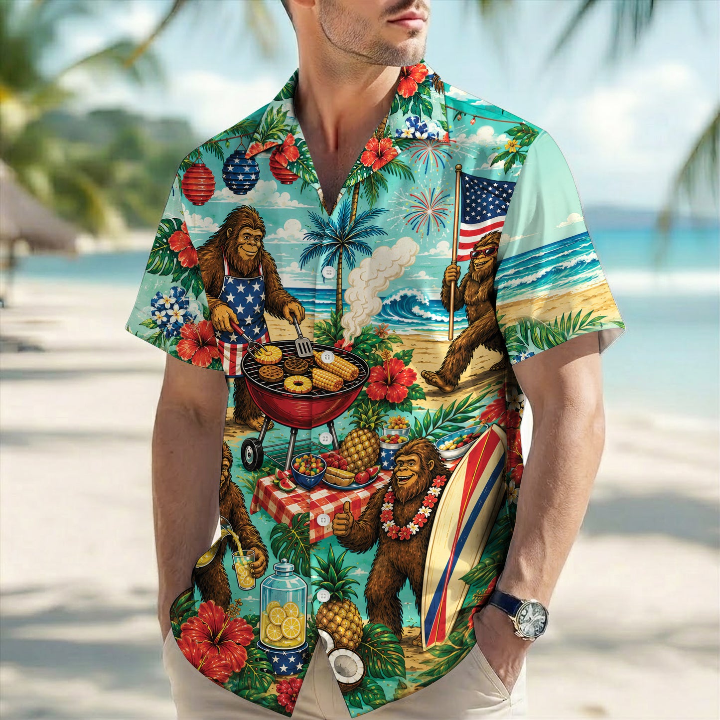 Funny Bigfoot BBQ Patriotic 4th Of July Unisex Hawaiian Shirt