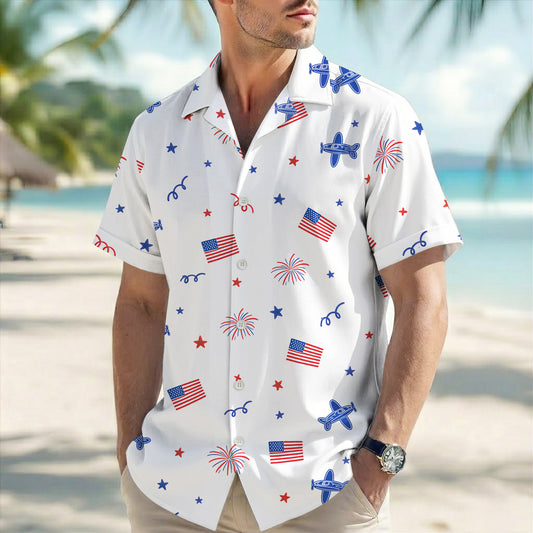 White American Flag Fireworks Hawaiian Shirt