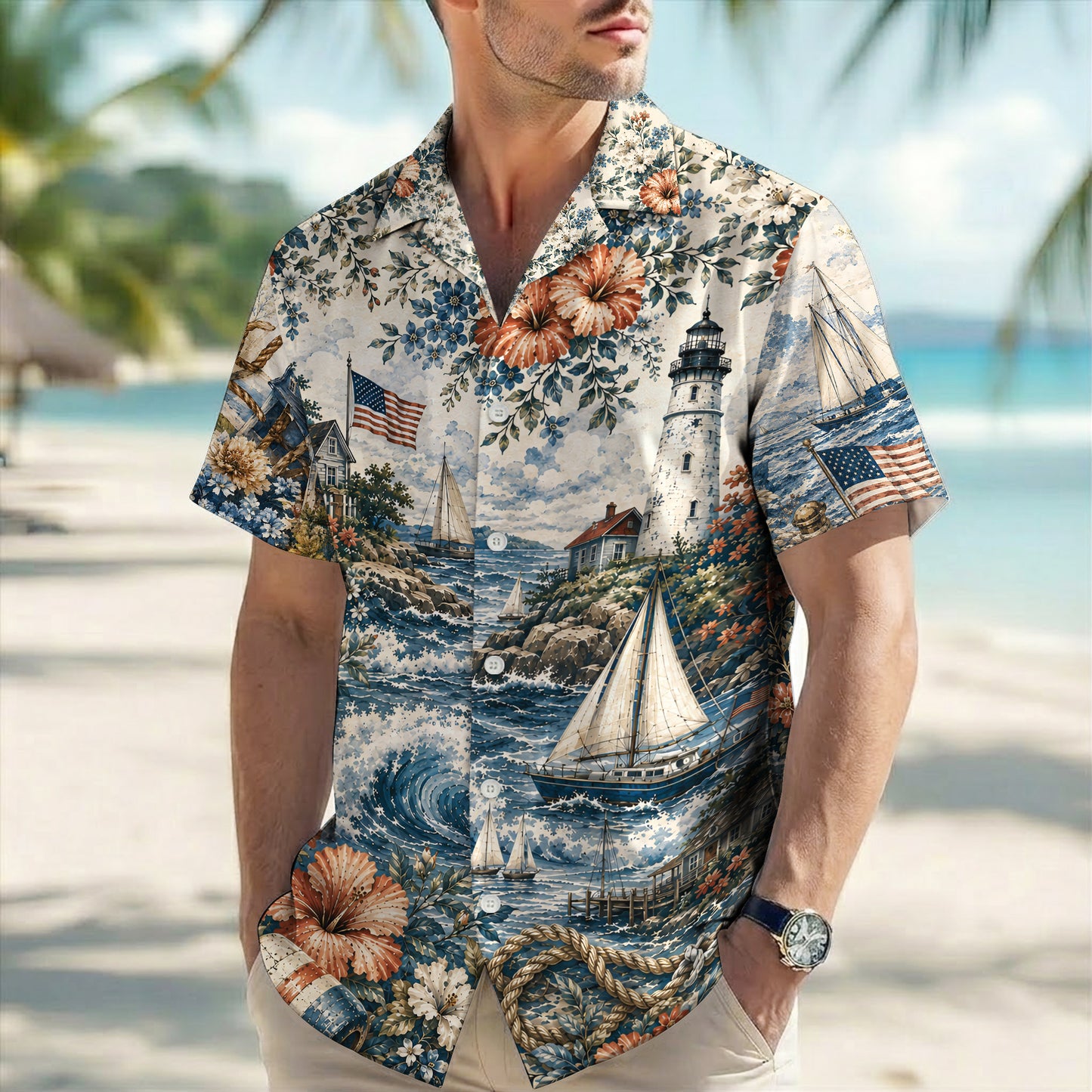 Coastal Lighthouse Sailboat Patriotic Unisex Hawaiian Shirt