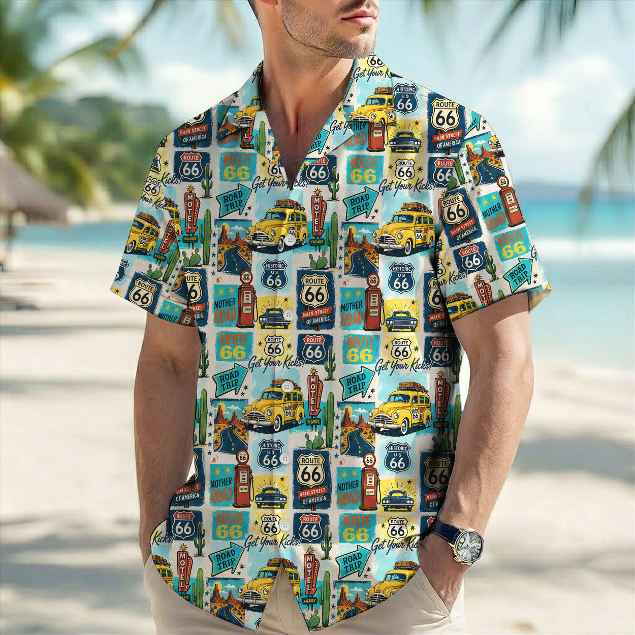 Route 66 Get Your Kicks Classic Car Vintage Unisex Hawaiian Shirt