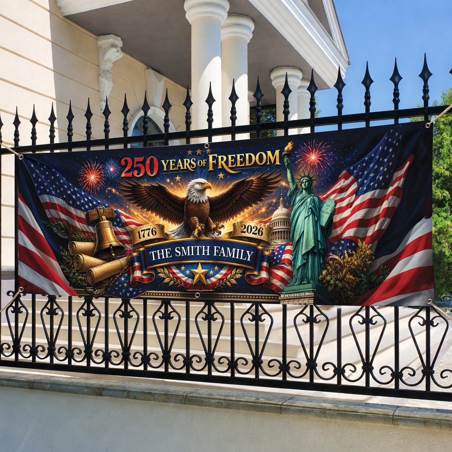 Personalized 250 Years of Freedom Banner – Patriotic USA Eagle Statue of Liberty Family Flag