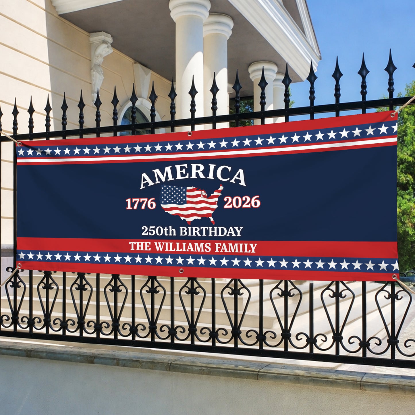 Custom USA 250th Birthday Banner – Personalized American Flag Family Name 1776–2026