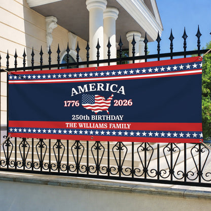 Custom USA 250th Birthday Banner – Personalized American Flag Family Name 1776–2026