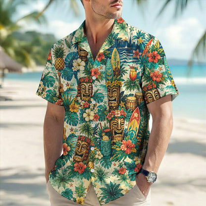 Vintage Tiki Mask Tropical Hawaiian Shirt - Luau Beach Top