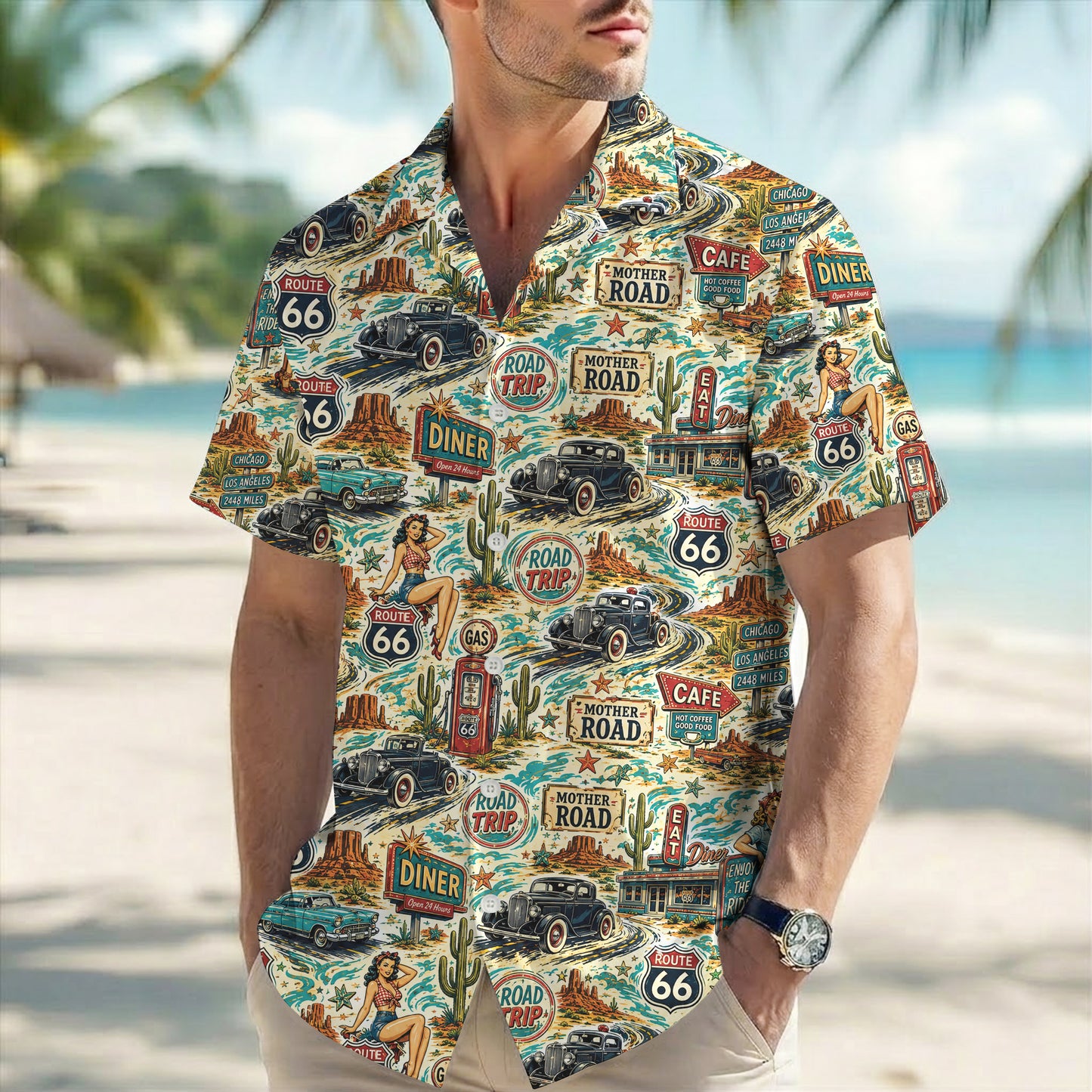 Route 66 Pin Up Girl Vintage Classic Car Unisex Hawaiian Shirt