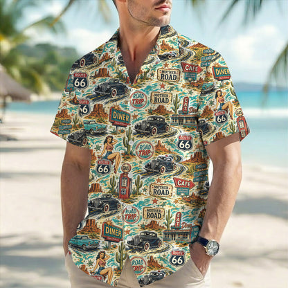 Route 66 Pin Up Girl Vintage Classic Car Unisex Hawaiian Shirt