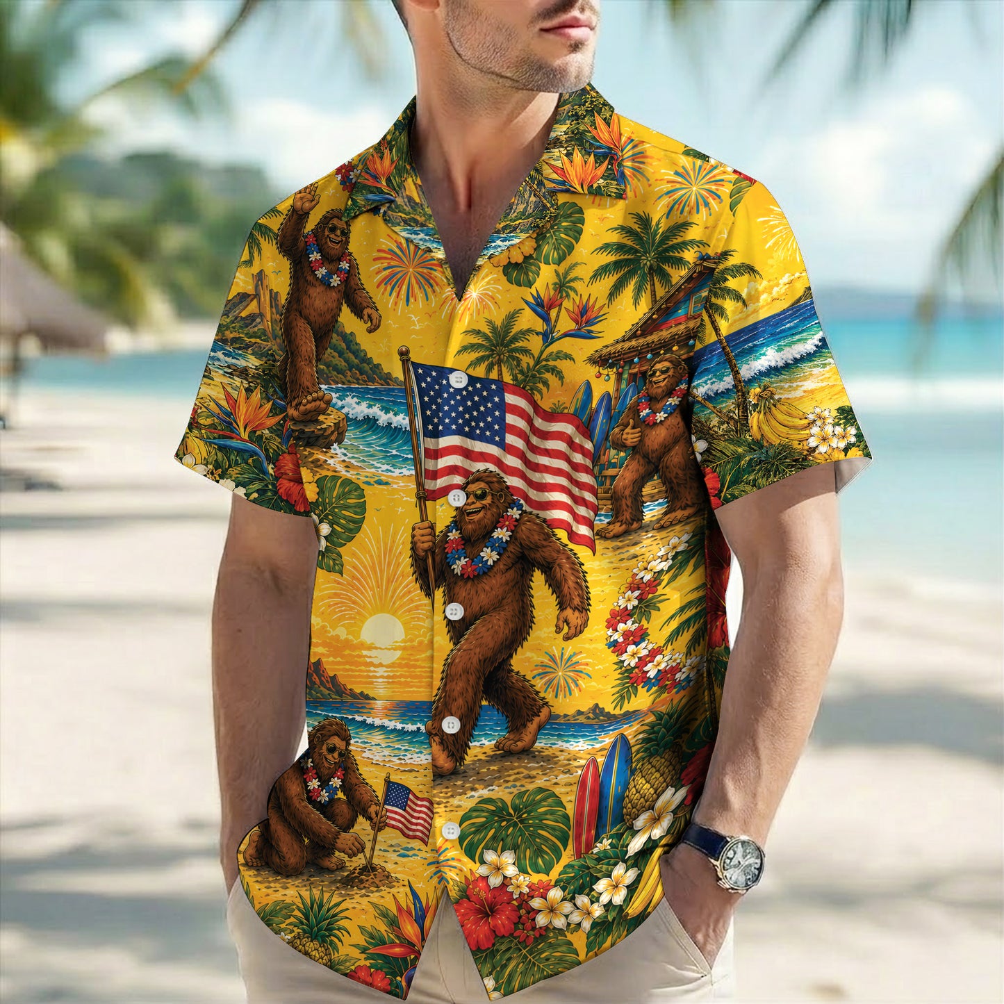 Funny Sasquatch Bigfoot Patriotic Beach Unisex Hawaiian Shirt