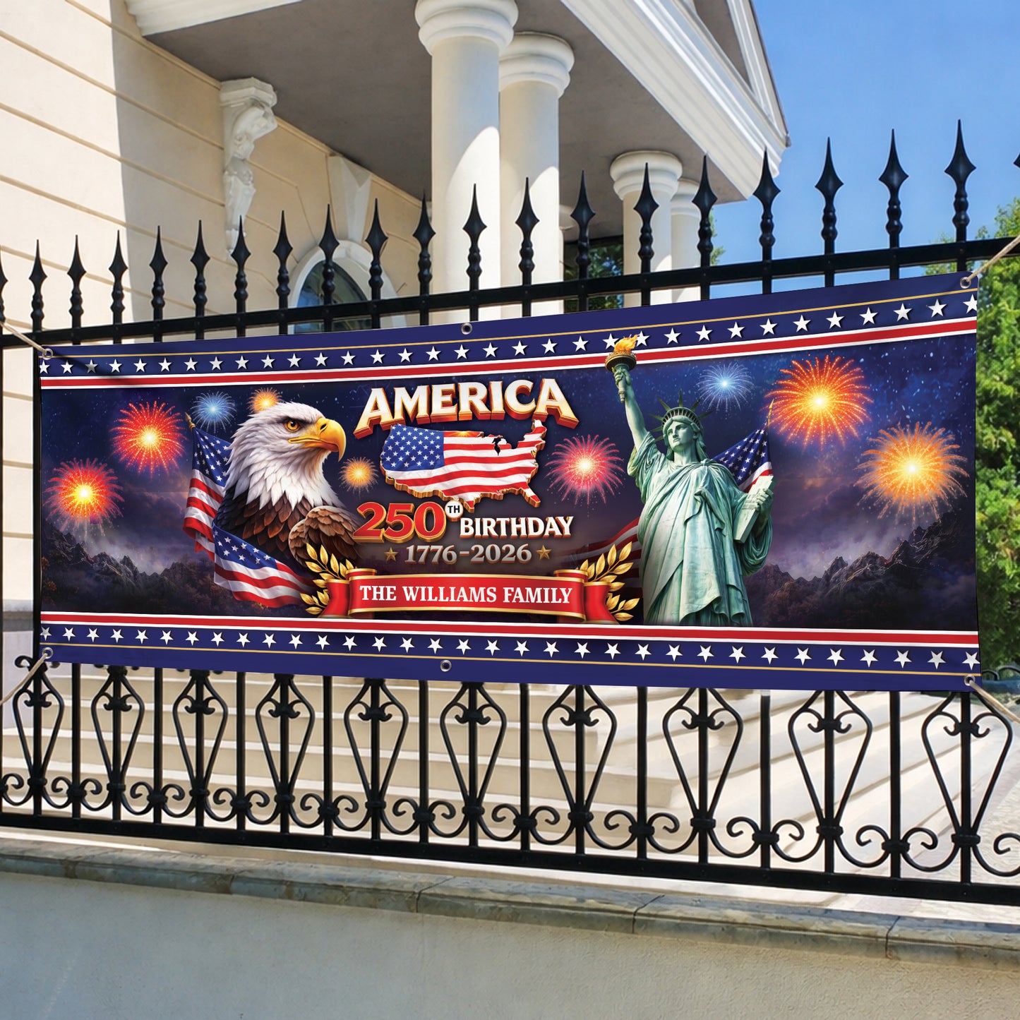 Personalized America 250th Birthday Banner - Eagle, Statue of Liberty, Fireworks Patriotic 1776-2026