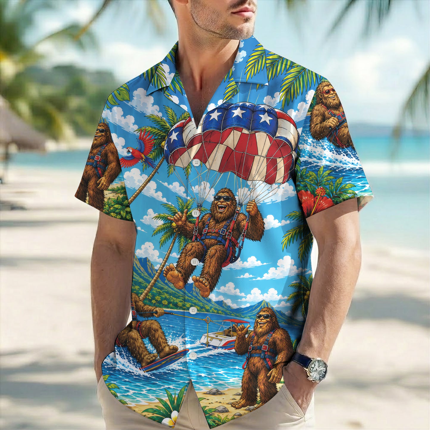 Funny Sasquatch Parasailing Beach Unisex Hawaiian Shirt