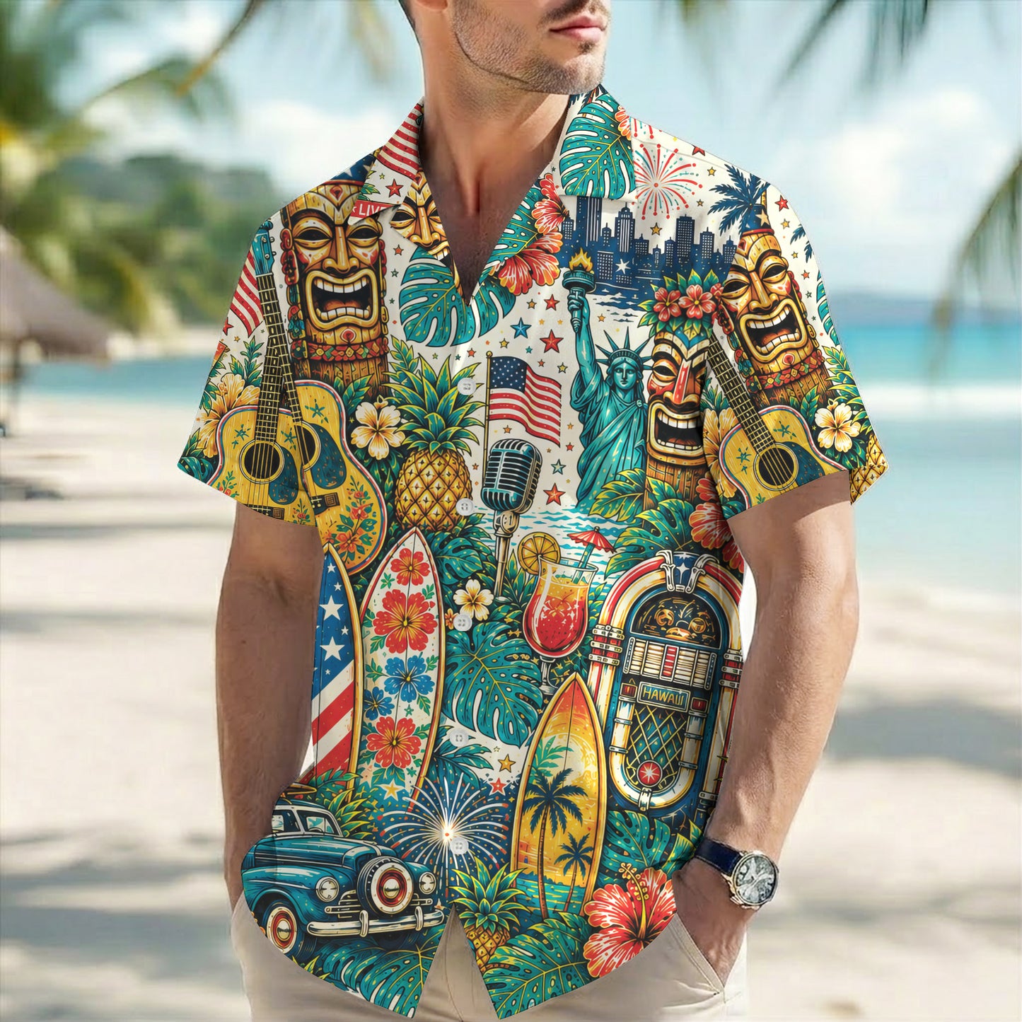 Patriotic Tiki Mask Jukebox Music Beach Unisex Hawaiian Shirt