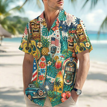 Patriotic Tiki Mask Jukebox Music Beach Unisex Hawaiian Shirt
