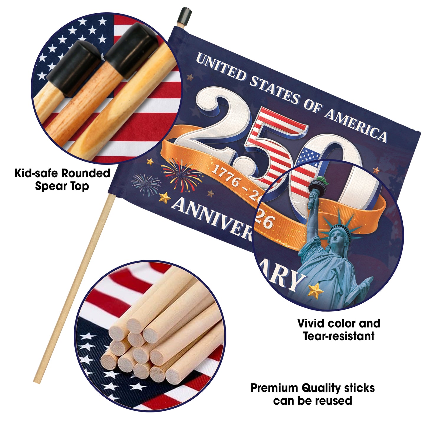 250 Years USA Handheld Flag - 1776-2026 Anniversary Statue of Liberty Flag