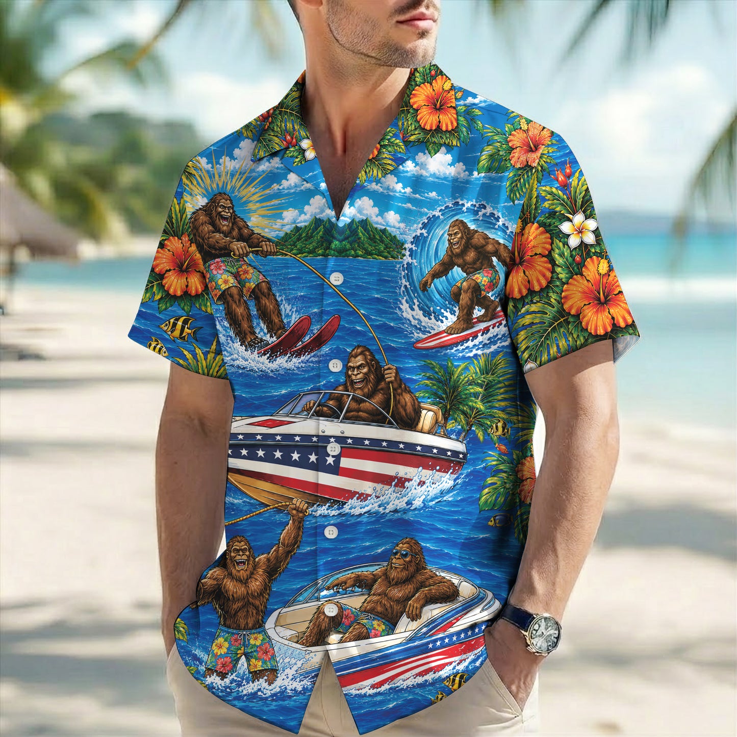Funny Sasquatch Bigfoot Patriotic Beach Unisex Hawaiian Shirt