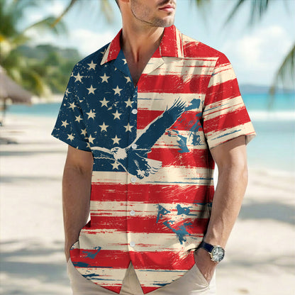 Patriotic American Flag Hawaiian Shirt - Vintage Eagle Button Down