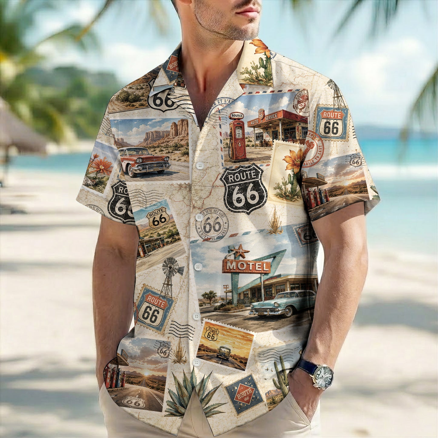 Vintage Route 66 Postcard Hawaiian Shirt - Men's Aloha Top