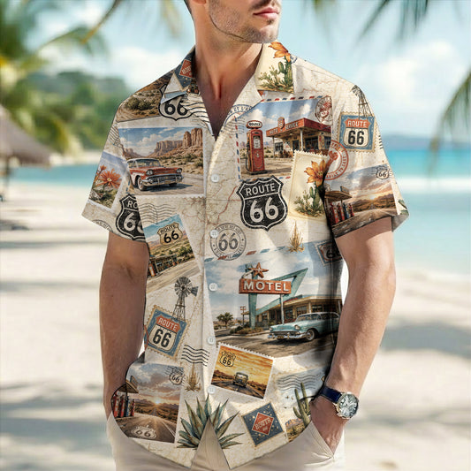 Vintage Route 66 Postcard Hawaiian Shirt - Men's Aloha Top